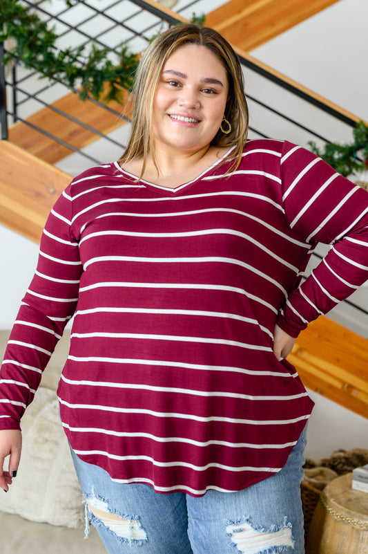 Erika Striped V-Neck Long Sleeve Top in Burgundy